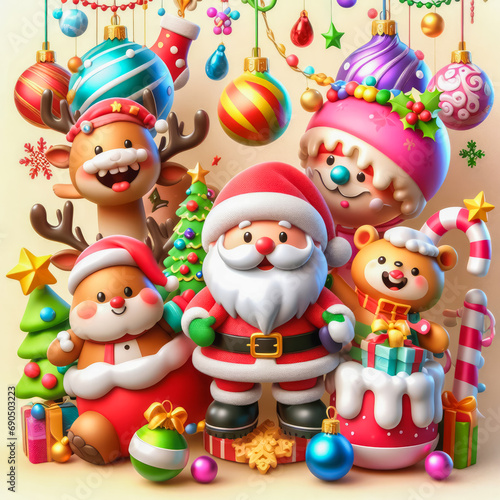 Colorful festive Christmas ornaments with a Santa Claus, 3d, cute and funny, generative ai