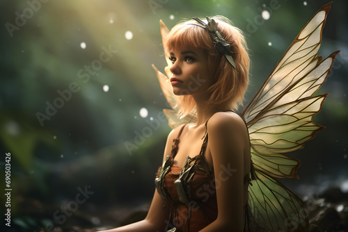portrait of young pixie in the forest, wide background with copy space for text