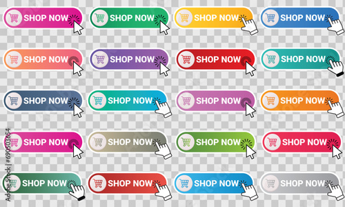 Shop now  button with hand cursor. Buy now hand pointer clicking. Modern collection for web site. Click here banner with shadow. Click button isolated. Online shopping. Vector illustration. photo