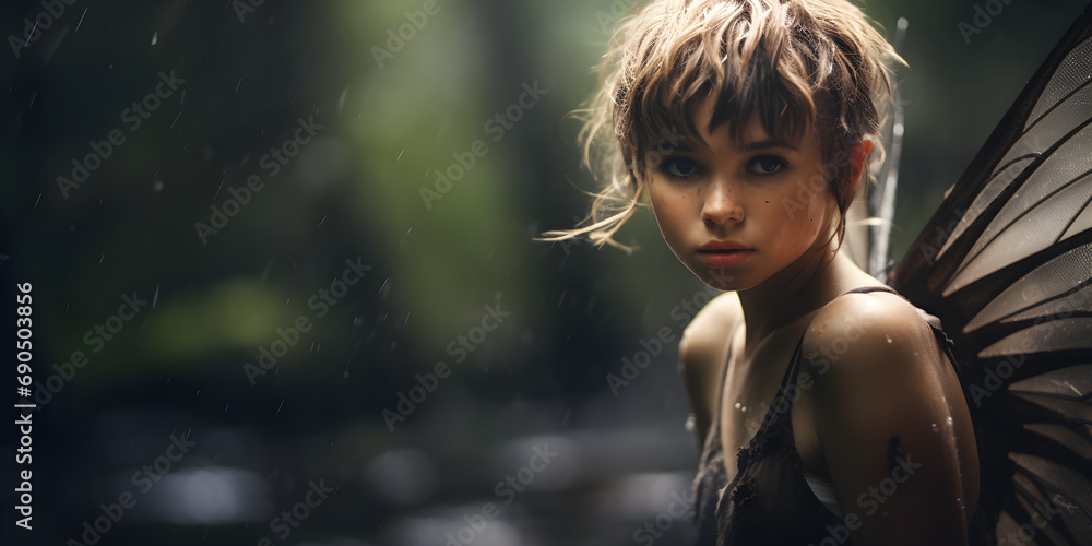portrait of young pixie in the forest, wide background with copy space for text - obrazy, fototapety, plakaty 