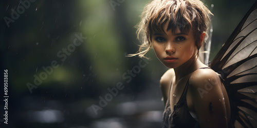 Fotótapéta portrait of young pixie in the forest, wide background with copy space for text