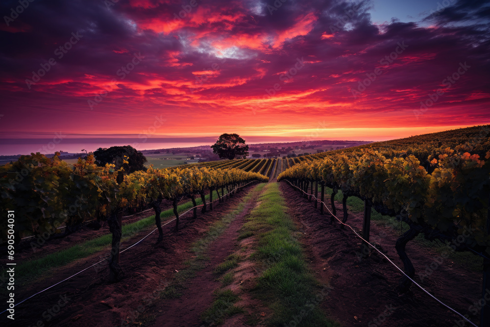 Twilight Over Lush Vineyard Landscape