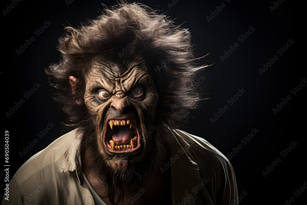 studio portrait of werewolf isolated on black background