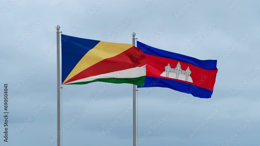 Cambodia flag and Seychelles flag waving together on cloudy sky, endless seamless loop, two country relations concept Cambodia flag and Seychelles flag waving together on cloudy sky, endless seamless loop, two country relations concept