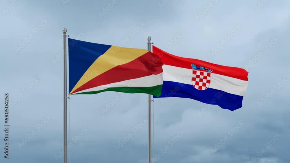 Croatia and Seychelles flag waving together on cloudy sky, endless seamless loop, two country cooperation concept Croatia and Seychelles flag waving together on cloudy sky, endless seamless loop, two country cooperation concept