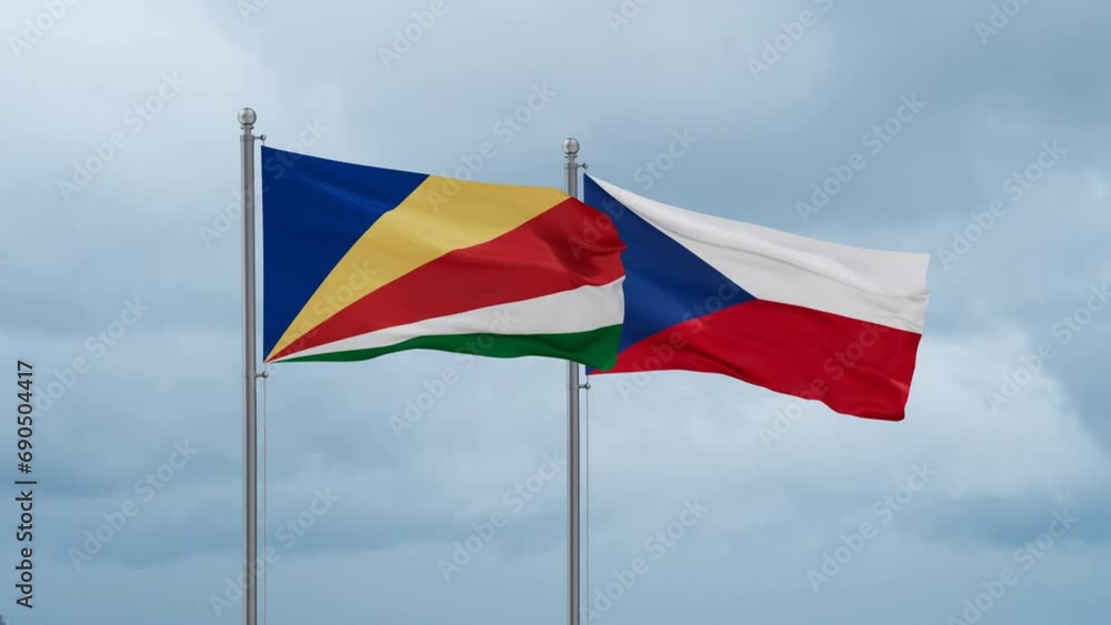 Czech Republic flag and Seychelles flag waving together on cloudy sky, endless seamless loop, two country relations concept Czech Republic flag and Seychelles flag waving together on cloudy sky, endless seamless loop, two country relations concept