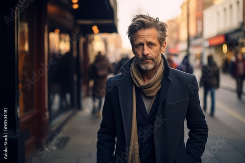 Portrait of a handsome middle-aged man in a coat and scarf on a city street.