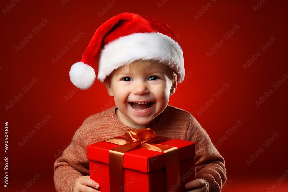 Advert for Xmas Christmas happy New Year Eve December holiday concept. Portrait of happy little toddler baby in Christmas Santa hat holding present box looking at camera on fur tree background Advert for Xmas Christmas happy New Year Eve December holiday concept. Portrait of happy little toddler baby in Christmas Santa hat holding present box looking at camera on fur tree background
