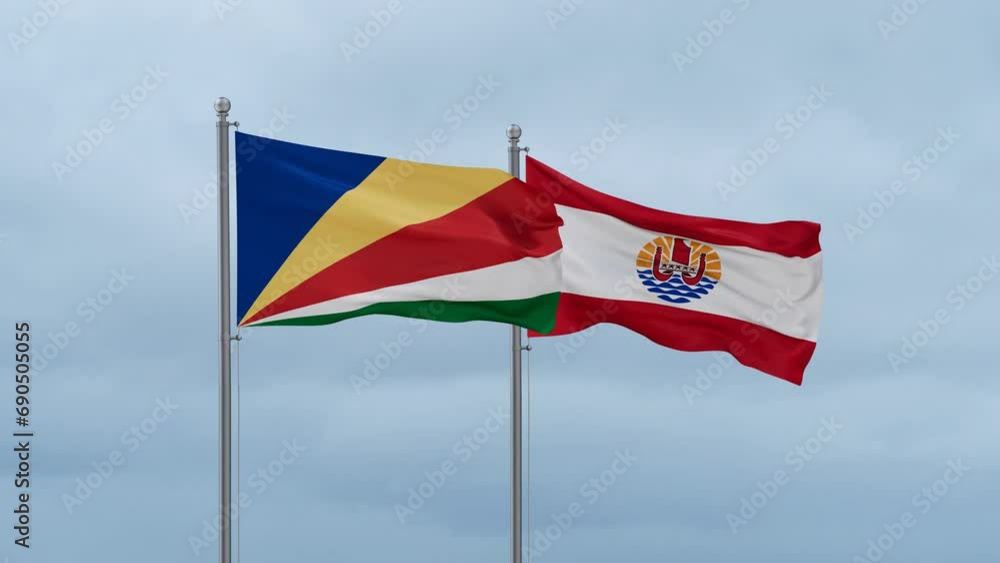 French Polynesia flag and Seychelles flag waving together on cloudy sky, endless seamless loop, two country relations concept French Polynesia flag and Seychelles flag waving together on cloudy sky, endless seamless loop, two country relations concept