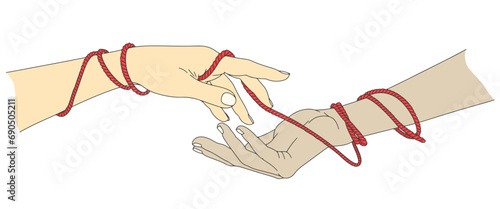 valentine's dayvector illustration. Red thread of fate tied little fingers of two. Hands of couple in love. Vector illustration. photo