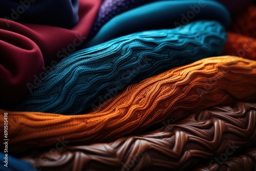  a pile of different colored sweaters sitting on top of a pile of other colored sweaters sitting on top of each other. photo