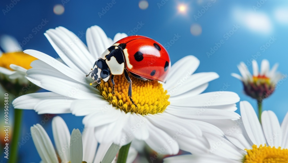  a ladybug sitting on top of a white flower with a blue sky in the back ground behind it.