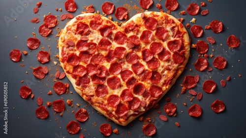  a heart shaped pizza sitting on top of a table covered in pepperoni and other toppings on a black surface.