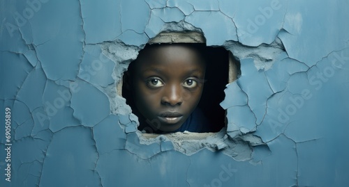  a child looking out of a hole in a wall with paint peeling off the wall and a hole in the wall with paint peeling off the wall. photo