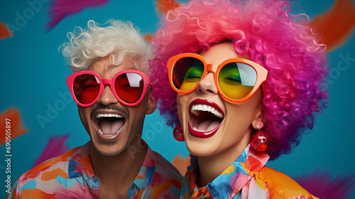 Young positive woman and man in wigs celebrating birthday party, bright makeup pink hair sunglasses, pink wig, glamor stylish glasses color background unaltered, April Fools' Day, copy space