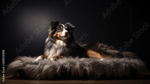  a brown and white dog laying on top of a furry animal bed in a dark room with a black background.