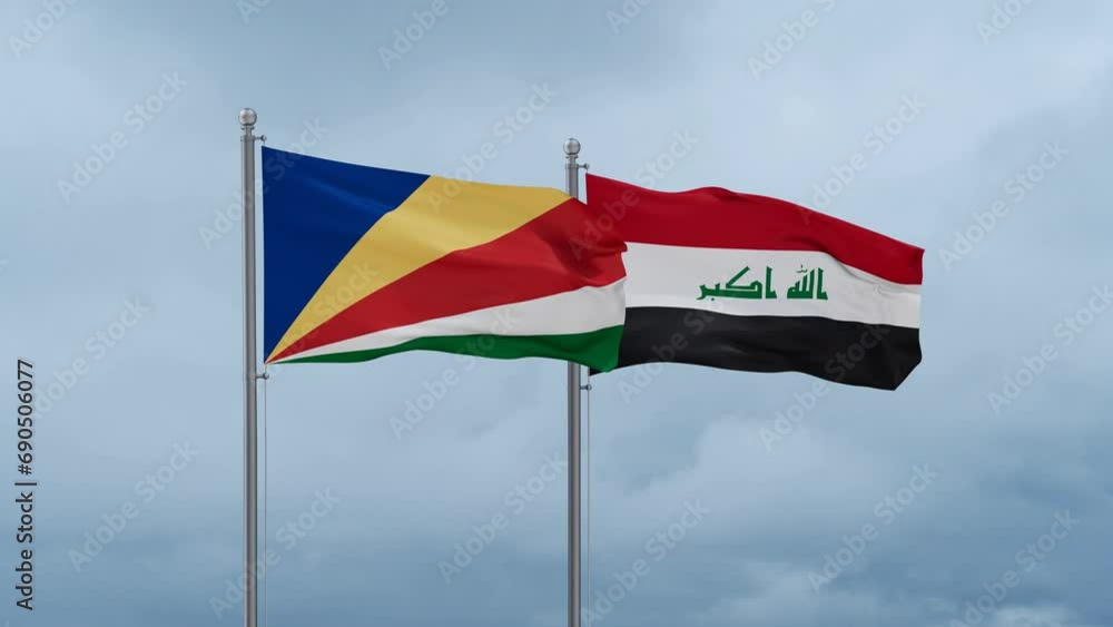 Iraq flag and Seychelles flag waving together on blue sky, looped video Iraq flag and Seychelles flag waving together on blue sky, looped video