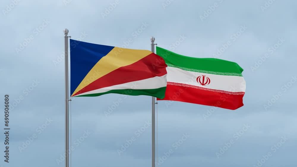 Iran flag and Seychelles flag waving together on blue sky, looped video Iran flag and Seychelles flag waving together on blue sky, looped video