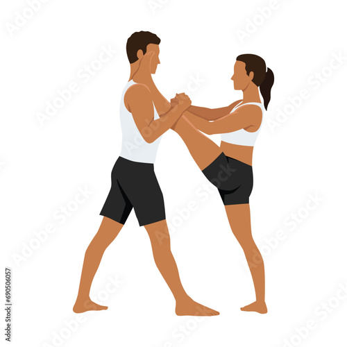 Young couple doing stretching exercise, Extended Hand to Big Toe yoga pose, Utthita Hasta Padangushthasana with partner or coach assistance. Flat vector illustration isolated on white background photo