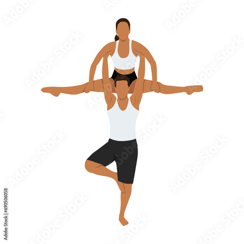 Young couple doing balancing on one leg and lifting girlfriend doing splits during acro yoga session. Flat vector illustration isolated on white background