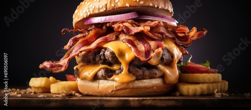 Grilled chicken breast, Angus steak patty, melted cheese, bacon, and onion rings in an epic tower burger.