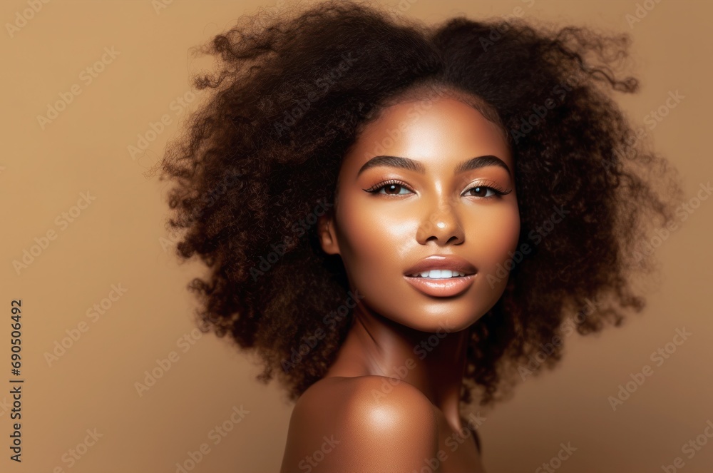 beautiful black woman with afro hairstyle, beauty portrait of african american woman with curly black hair and clean healthy skin on light beige background