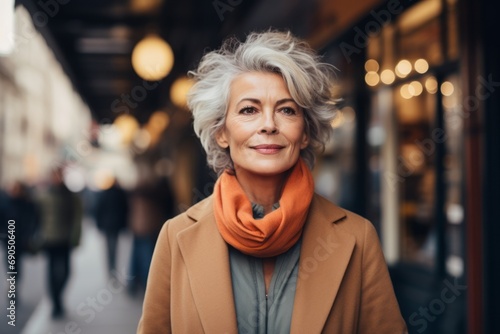 Portrait of beautiful senior woman in coat and scarf walking in city