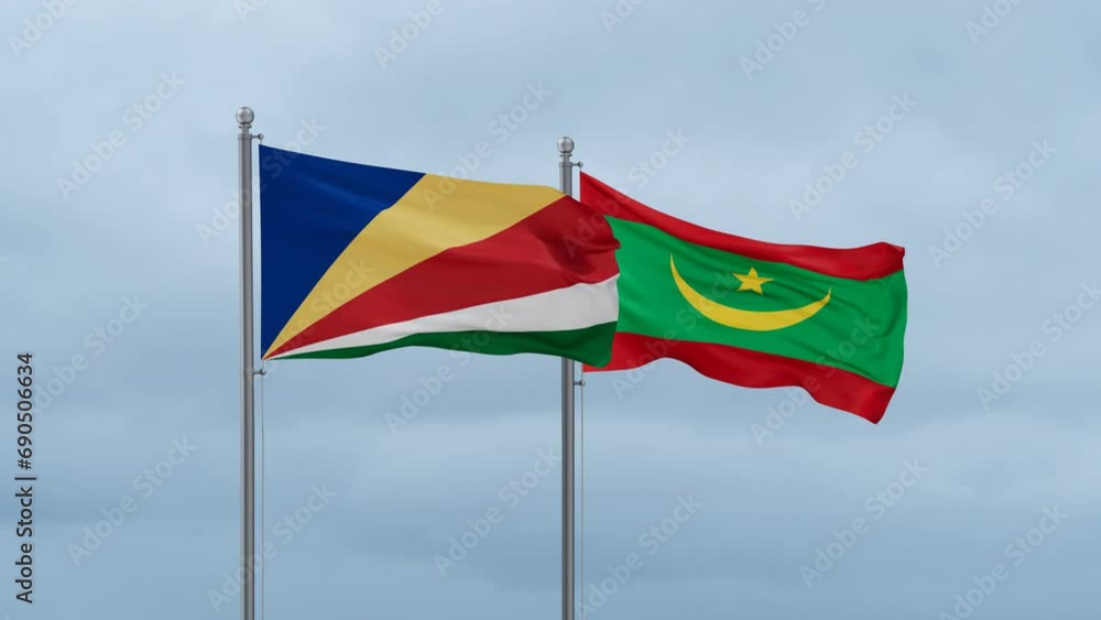 Mauritania flag and Seychelles flag waving together on cloudy sky, endless seamless loop, two country relations concept Mauritania flag and Seychelles flag waving together on cloudy sky, endless seamless loop, two country relations concept