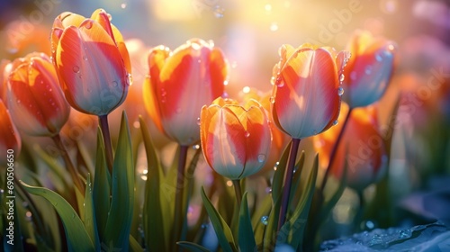 Dewdrops clinging to vibrant tulips at sunrise, with soft sunlight enhancing their colors.