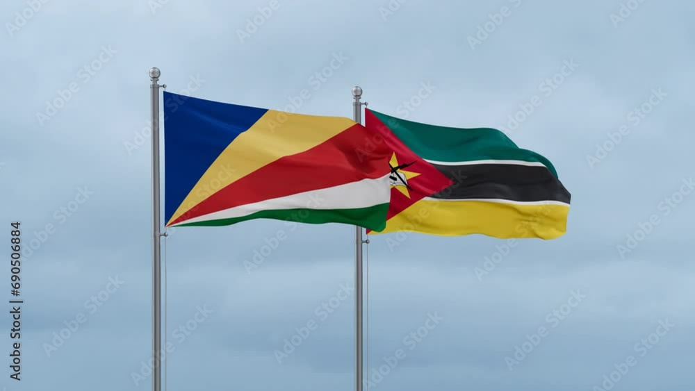 Mozambique and Seychelles flag waving together on cloudy sky, endless seamless loop, two country cooperation concept Mozambique and Seychelles flag waving together on cloudy sky, endless seamless loop, two country cooperation concept