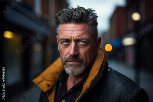 Portrait of a handsome middle-aged man with a beard and mustache in a yellow jacket on a city street. © Nerea