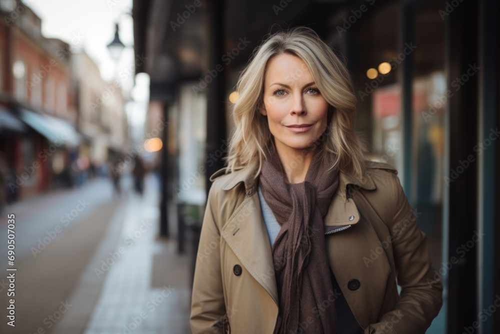 Portrait of a beautiful blonde woman in coat and scarf on the street