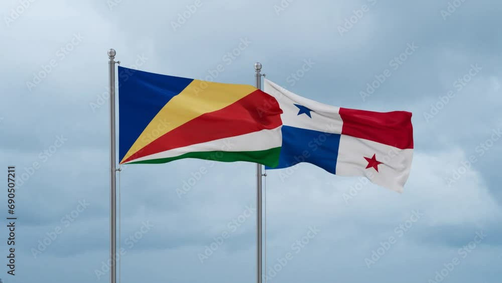 Panama flag and Seychelles flag waving together on cloudy sky, endless seamless loop, two country relations concept Panama flag and Seychelles flag waving together on cloudy sky, endless seamless loop, two country relations concept