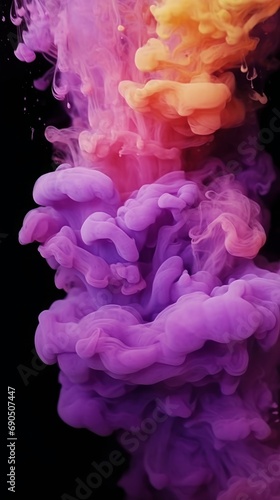 Vertical video. Paint water shot. Color vapor cloud. Opener effect. Pastel purple yellow ink splash glitter dust particles motion on black abstract art, Generative AI 
