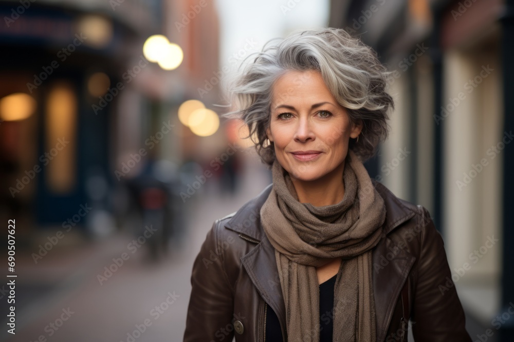 Portrait of a beautiful middle aged woman with grey hair in a city street Portrait of a beautiful middle aged woman with grey hair in a city street