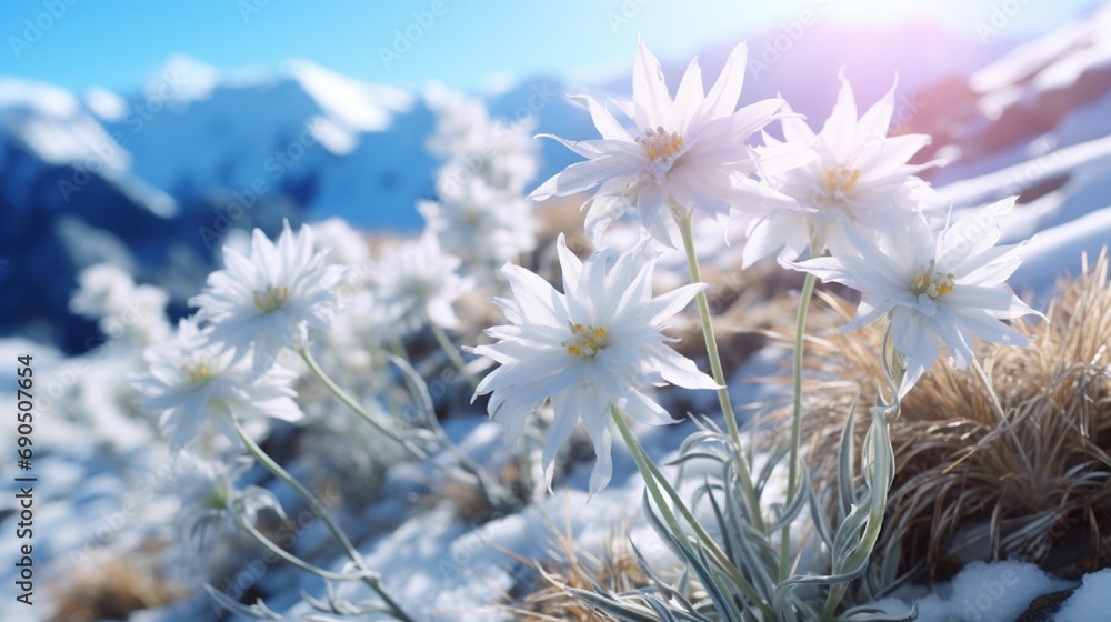 Frosted edelweiss flowers standing resilient on a snowy alpine slope.