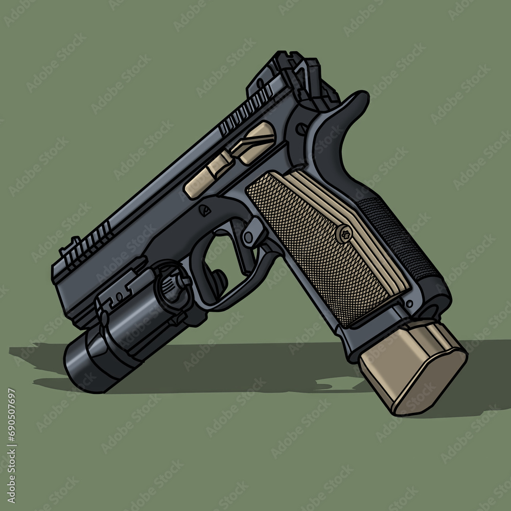 Black cz 75 pistol on khaki background. Weapons, military, shotgun, rifle concepts. - obrazy, fototapety, plakaty 