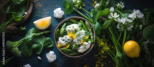 Healthy ingredients for spring detox: dandelion, asparagus, wild garlic, flowers, nettle, and cream cheese salad.