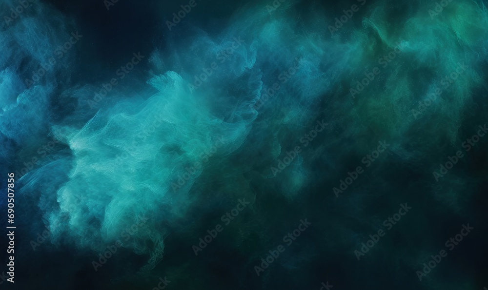 Color mist. Ink water. Haze texture. Fantasy night sky. Blue green shiny glitter steam cloud blend on dark black abstract art background, Generative AI 