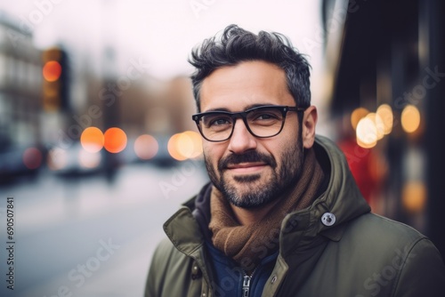 Portrait of handsome bearded man with eyeglasses in the city © Nerea