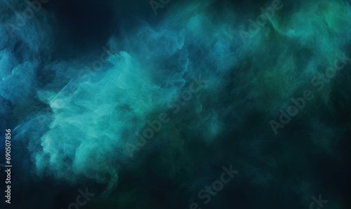 Color mist. Ink water. Haze texture. Fantasy night sky. Blue green shiny glitter steam cloud blend on dark black abstract art background, Generative AI 