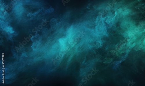 Color mist. Ink water. Haze texture. Fantasy night sky. Blue green shiny glitter steam cloud blend on dark black abstract art background, Generative AI 