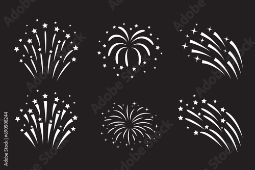 Set of festive fireworks. Vector illustration on a black background.
