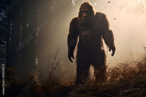 cinematic shot of bigfoot silhouette in the forest photo
