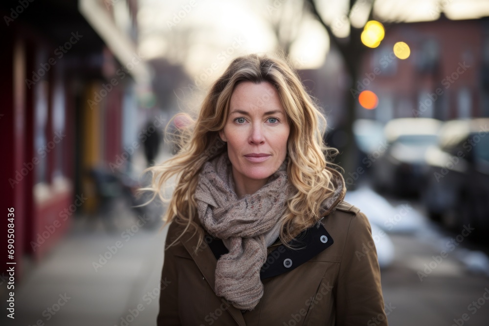 Portrait of a beautiful middle-aged woman with long wavy blond hair in a beige coat and scarf on the street