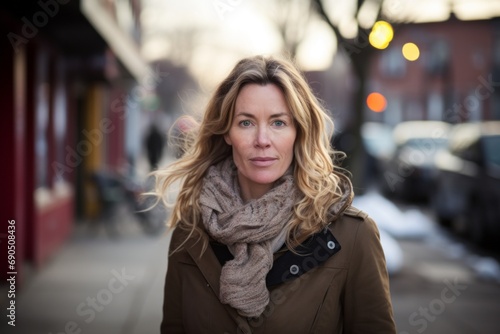 Portrait of a beautiful middle-aged woman with long wavy blond hair in a beige coat and scarf on the street