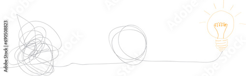 Cartoon knot, chaotic or chaos and order. Brain electric lamp idea. FAQ, business loading concept. Vector light bulb icon. Brilliant lightbulb. Education. Transform, change, evolution, transformation
