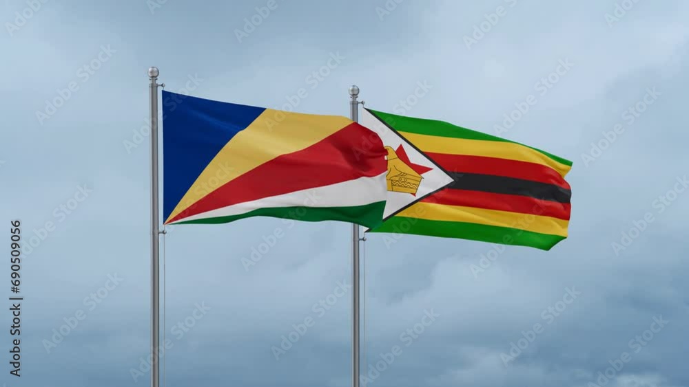 Zimbabwe and Seychelles flag waving together on cloudy sky, endless seamless loop, two country cooperation concept Zimbabwe and Seychelles flag waving together on cloudy sky, endless seamless loop, two country cooperation concept