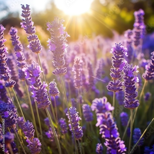 Blooming Violet Lavender photo is captured beautifully in sunlight, with a blurred background