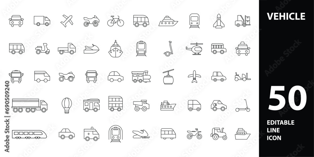 vehicle icon use for car, bus, motorcycle, bicycle, truck, airplane, train